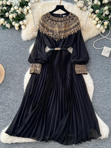 Spring Autumn French Sequin Nail Bead Long Sleeved Dress Women New Elegant Temperament Birthday Party Pleated Long Dress C227
