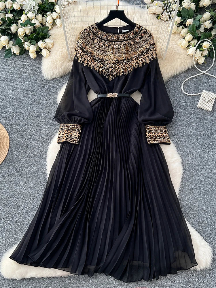 Spring Autumn French Sequin Nail Bead Long Sleeved Dress Women New Elegant Temperament Birthday Party Pleated Long Dress C227