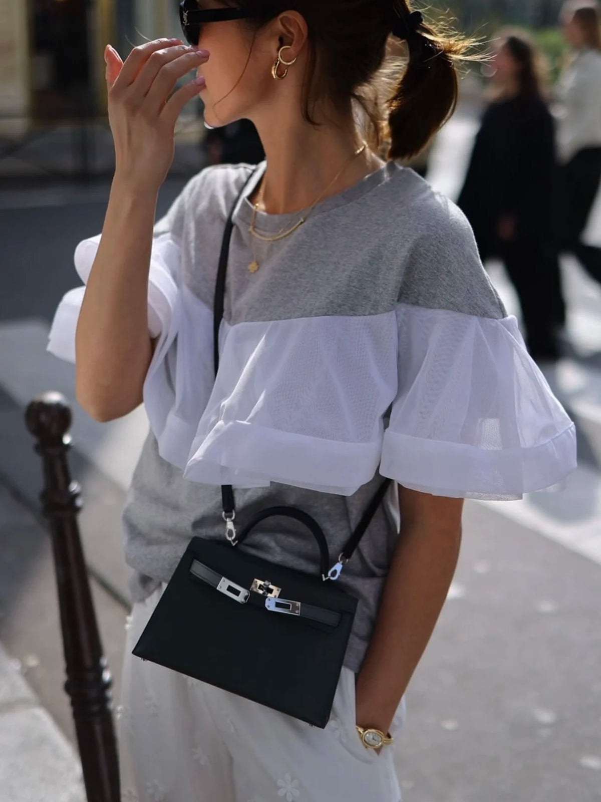 Ayako Gyp Tulle Tee Spliced Sleeve T-Shirt Women's Casual Cotton Short Sleeve round Neck Moisture Wicking T-Shirt
