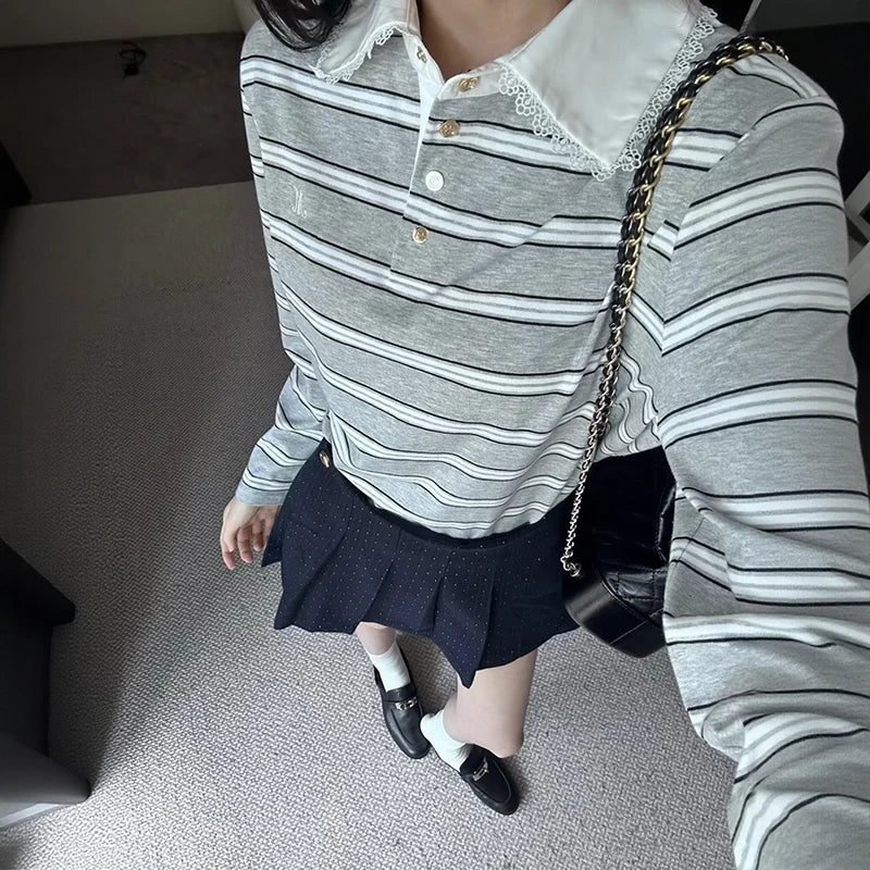 Lace Splice Turn-Down Collar Women's Stripes Long Sleeve T-Shirt Autumn and Winter Female Pullover Tee Top