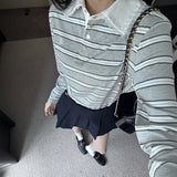 Lace Splice Turn-Down Collar Women's Stripes Long Sleeve T-Shirt Autumn and Winter Female Pullover Tee Top