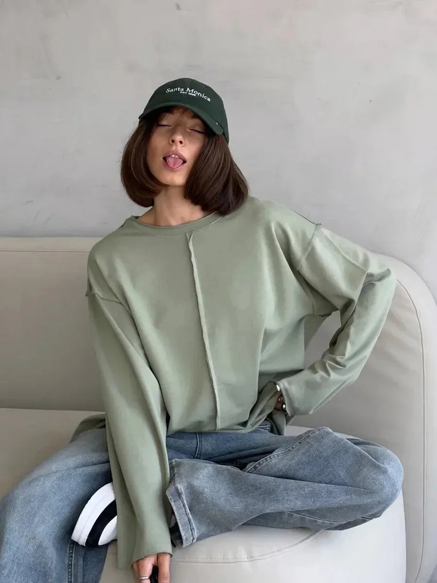 New Autumn Women's Cotton T-Shirt Long Sleeve Top Oversized Round Neck Pullovers 2026 Female Clothes Soft Basic Loose Shirts