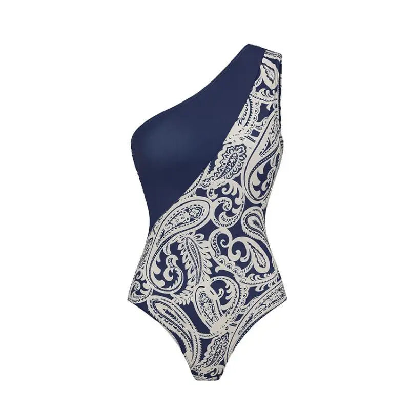 Summer Swimsuit and Skirt Flaxmaker Sexy One Shoulder Blue Color Block Paisley Print Swimsuit Sets Beachwear Biquini conjunto de