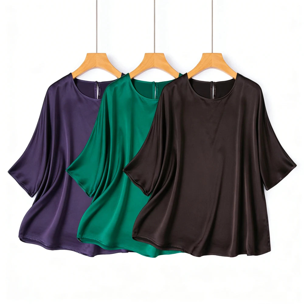 21MM 100% Natural Mulberry Silk Plain Satin Skin Friendly Round Neck Batwing Mid Sleeve Loose Simple Women's Casual T-shirt