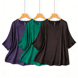 21MM 100% Natural Mulberry Silk Plain Satin Skin Friendly Round Neck Batwing Mid Sleeve Loose Simple Women's Casual T-shirt