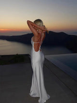 Sexy Backless Satin Dress Women Fashion O-neck Sleeveless High Waist Slim Maxi Dresses 2026 Summer Lady Beach Vacation Robe