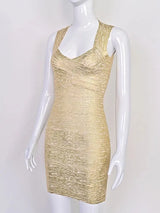 BEAUKEY Fashion Luxury Golden Metallized Print Evening Bandage Dress Women Mini Halter Backless Sexy Bodycon Dress Maxi Vestidos