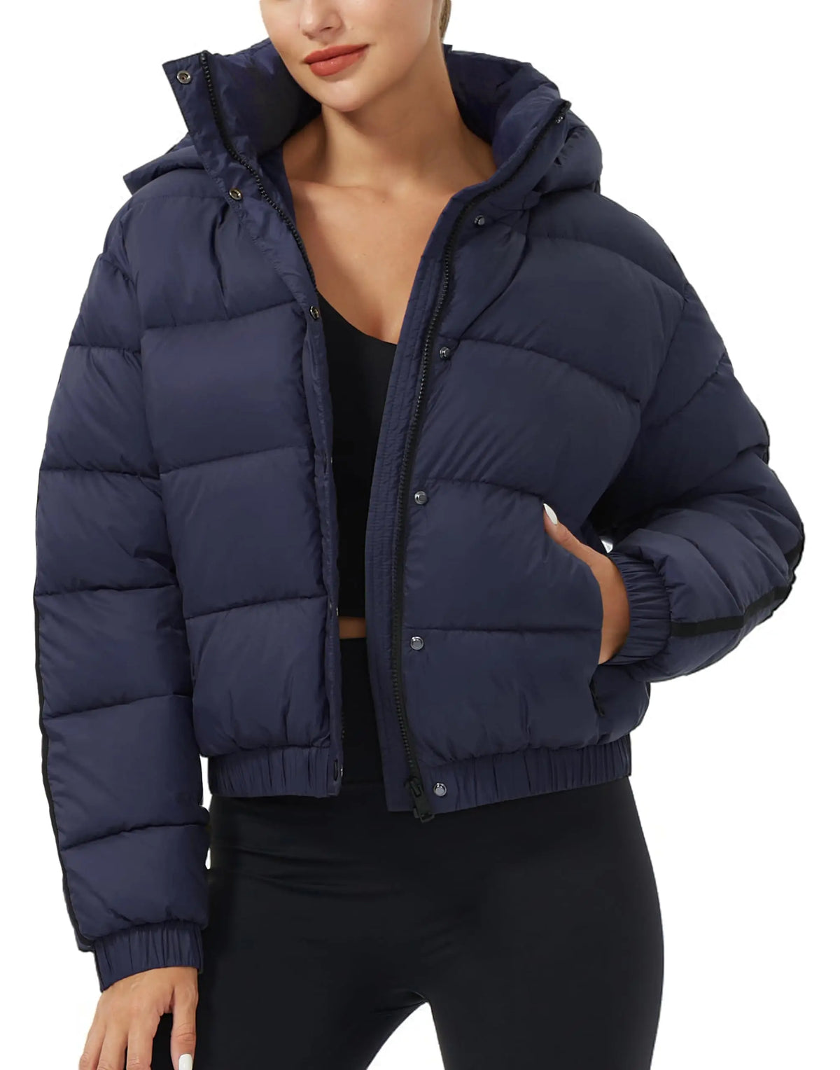 Pioneer Camp Women's Winter Cropped Puffer Jacket with Hood Waterproof Short Warm Quilted Jacket Puffy Bubble Coat Outerwear