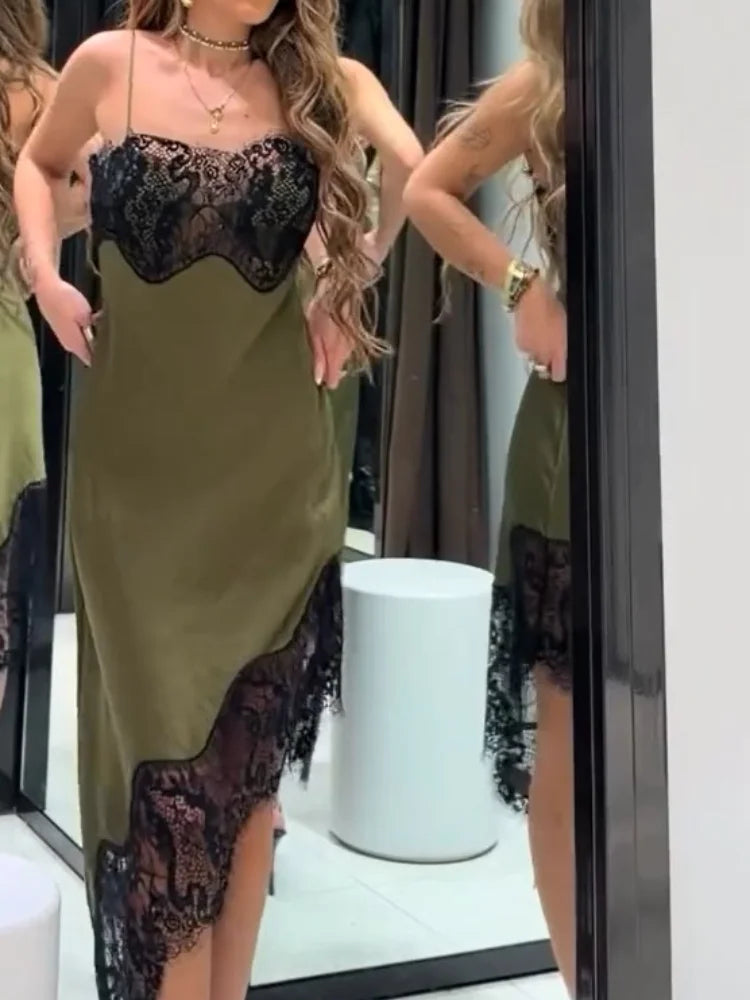 Chic Lace Patchwork Satin Camisole Dress Sleeveless See Through Irregular Hem Dresses 2026 New Party Daily Outdoor Casual Attire