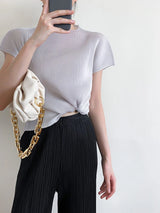 Miyake Pleated Short Sleeve Tops Women's New Summer Round Neck Solid Color Lemon Yellow Causal Korean Fashion T-Shirt