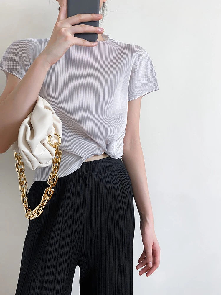 Miyake Pleated Short Sleeve Tops Women's New Summer Round Neck Solid Color Lemon Yellow Causal Korean Fashion T-Shirt