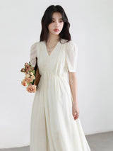 CHIC VEN Korean Women Dresses Solid Loose Casual New V-neck A Line Short Bubble Sleeves Female Long Dress Spring Summer 2025