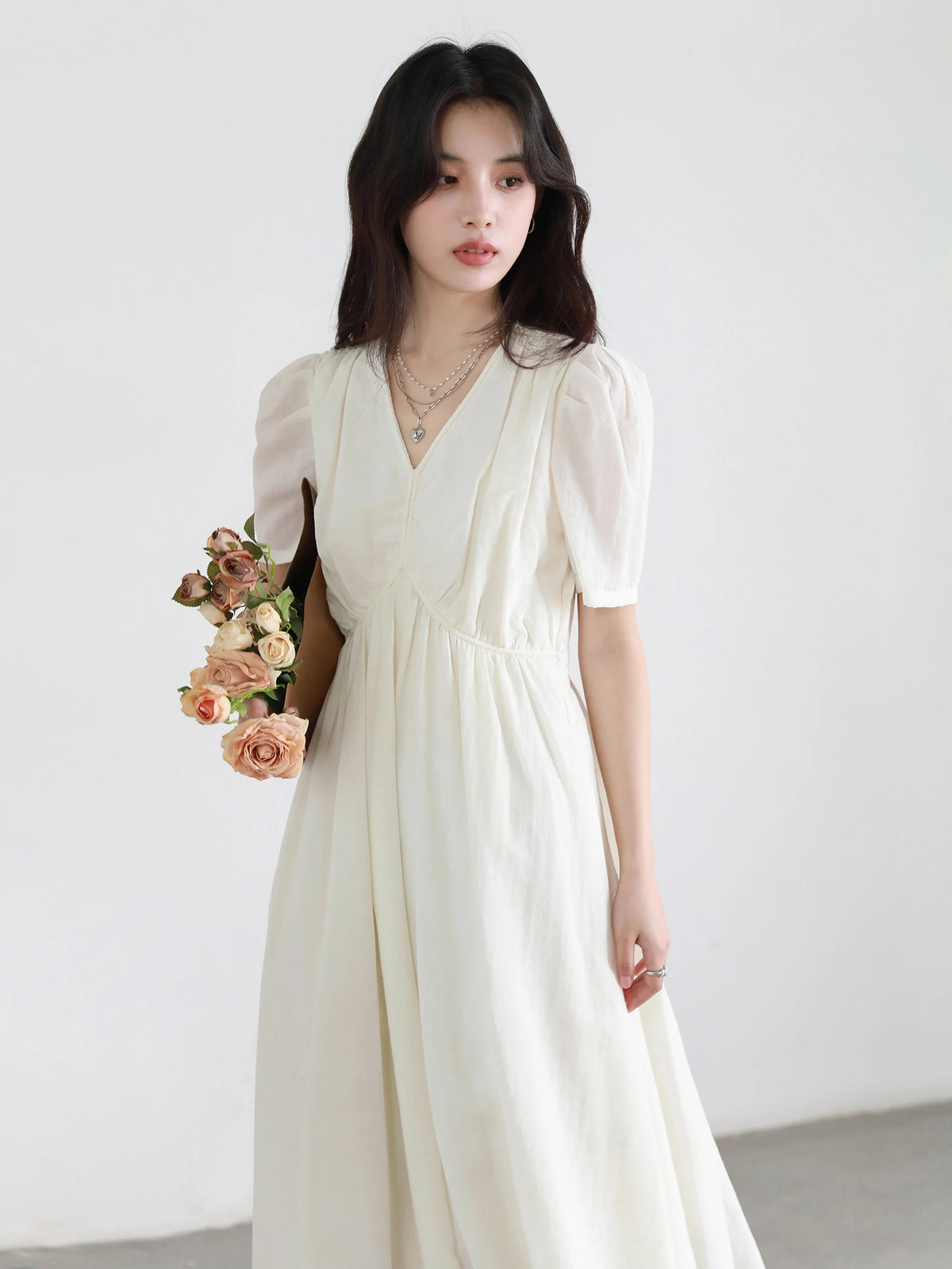 CHIC VEN Korean Women Dresses Solid Loose Casual New V-neck A Line Short Bubble Sleeves Female Long Dress Spring Summer 2025