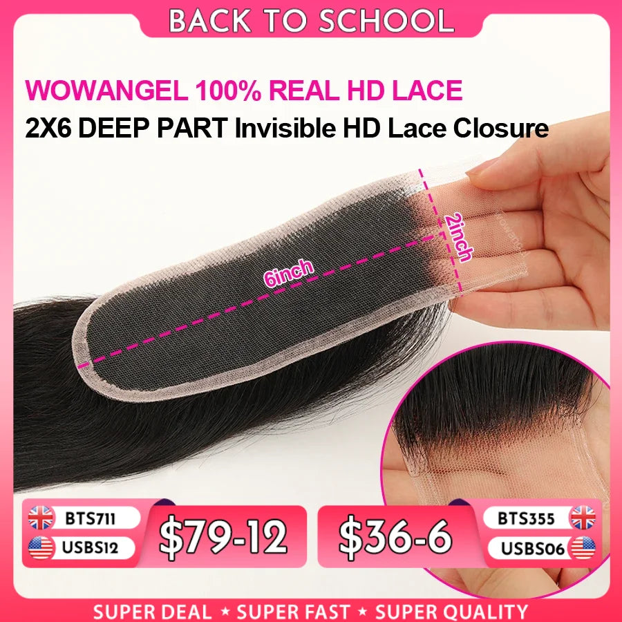 WOWANGEL 2x6 Deep Parting HD Lace Closure Frontal Only Melt Skin Straight Hair Kim K Closure Pre Plucked Virgin Hair For Woman