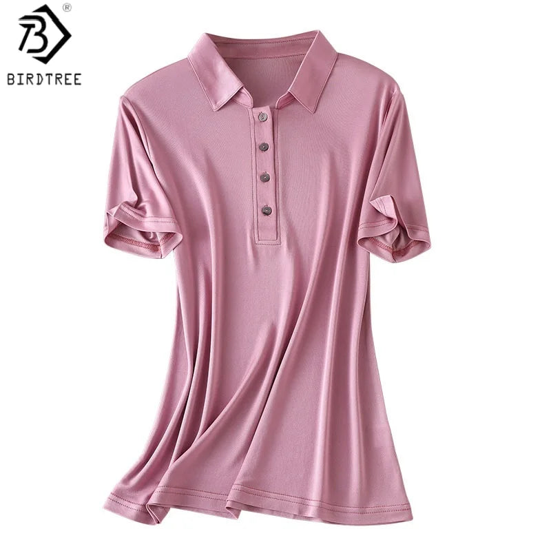 Birdtree, 23% Real Silk 77% Viscose Solid T Shirt, Lapel Loose Soft Tops, Women's Short Sleeve Shirt, 2026 New Clothes T61033JF