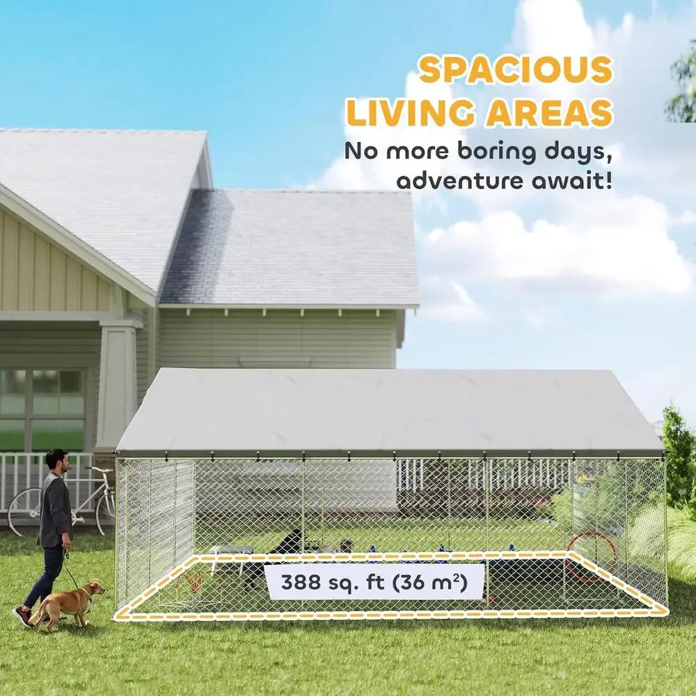 Outdoor Dog Kennel, 19.7' x 19.7' x 8.9', Heavy Duty Large Dog Kennel Outside w/Waterproo Roo, Galvanized Chain Link Pet Enclosu