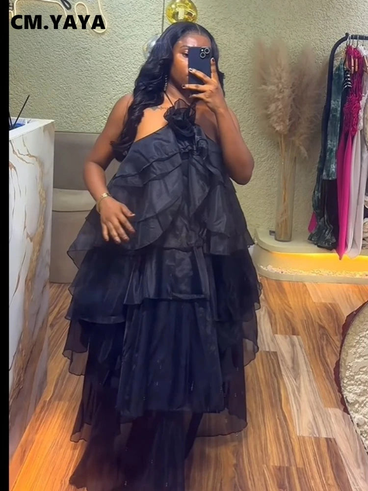 CM.YAYA Women Sleeveless Ruffles Loose Ball Gown Smock Strap Maxi Long Sexy Dress 2025 Birthday Vacation Party Dresses Vestidos