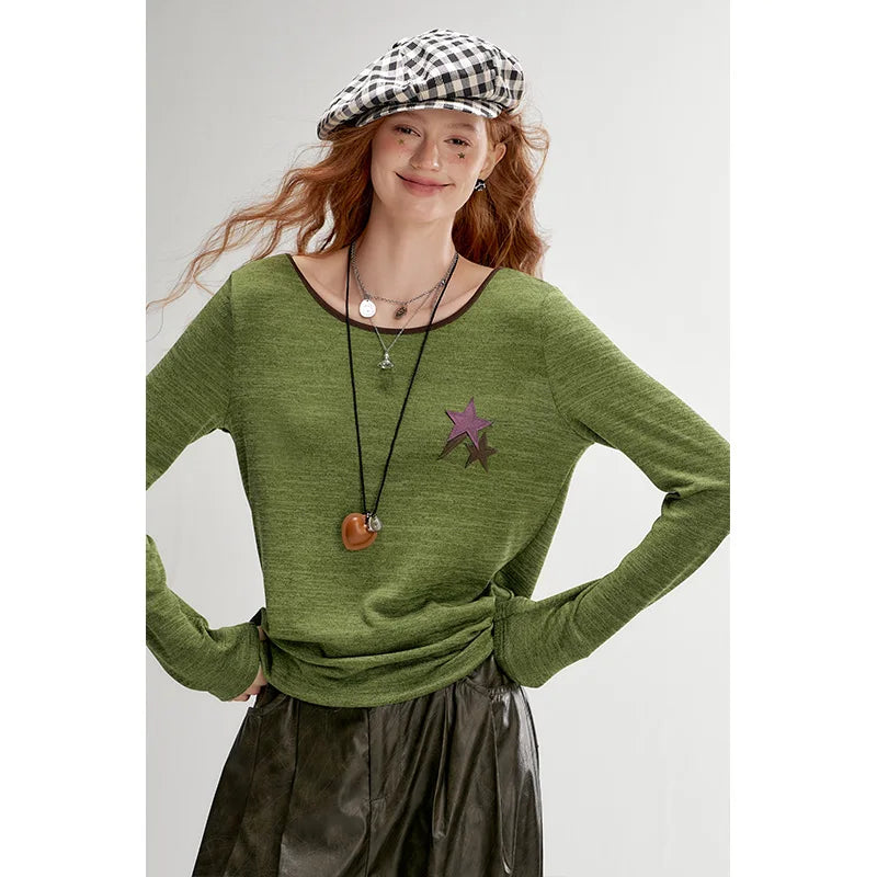 ELFSACK Women's Striped Ringer T-Shirt with Star Print, Casual Long Sleeve Graphic Top for Everyday Wear