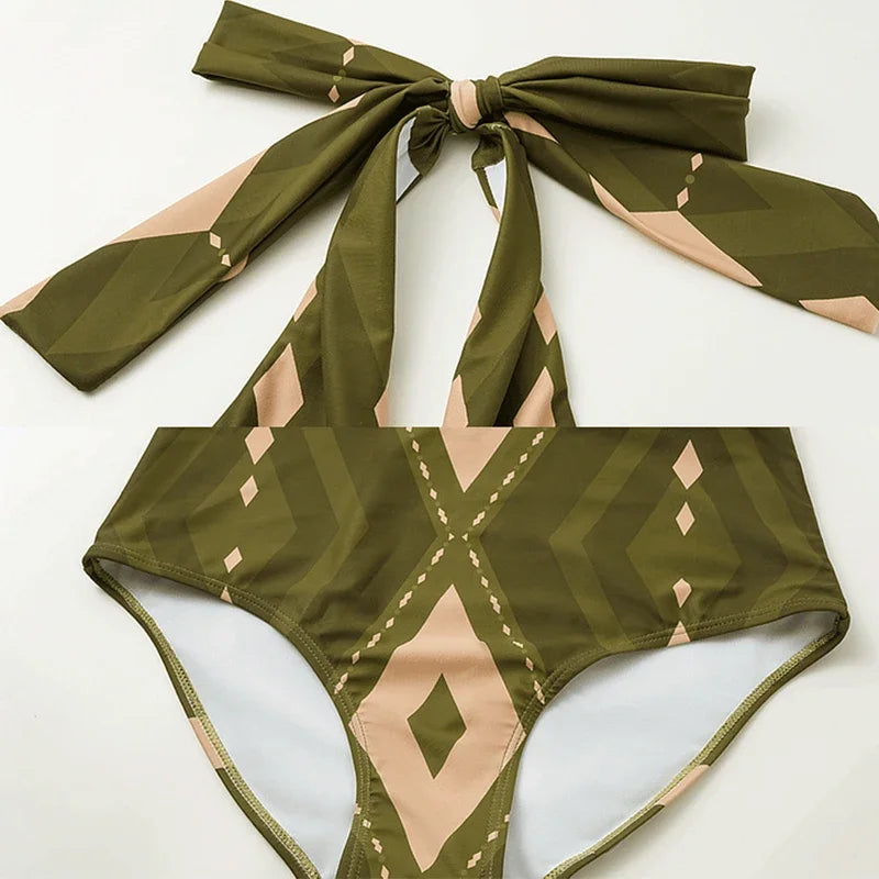 Summer Women Bikini Push Up Swimsuit Halter Neck Geometric Pattern Print One Piece Swimsuit Backless Swimwear Bathing Suit