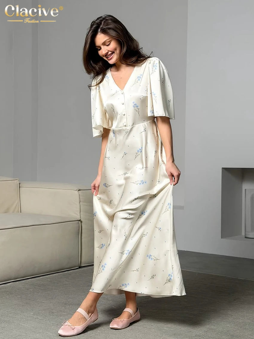Clacive Summer Loose Print Women's Dress 2026 Sexy V-Neck Short Sleeve Ankle Length Dresses Elegant Classic Female Dress Streetw