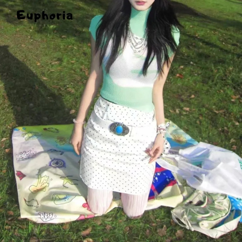 Euphoria Y2K Sweet Patchwork Green Short Sleeve Folds T-Shirts For Women Casual Slim Fit Fashion Knitted Tees Shoujo Tops