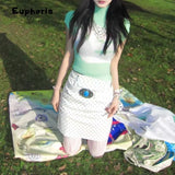 Euphoria Y2K Sweet Patchwork Green Short Sleeve Folds T-Shirts For Women Casual Slim Fit Fashion Knitted Tees Shoujo Tops
