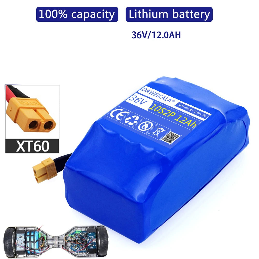 36V 12000mAh Upgrade Version Li-ion Battery Pack with BMS for Hoverboard Self Balancing Scooter Electric Unicycle Long Range