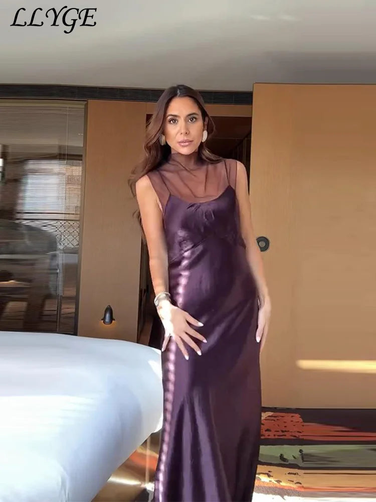 See Through Mesh Satin Patchwork Long Dress Women Half High Collar Sleeveless Backless Dresses 2026 Spring Lady Party Robes 2025
