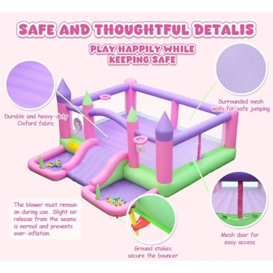 Inflatable Bounce House 15 ft x 14.7 ft with Blower for Aged 3-12 Blue Jumping Castle with Slide 2 Ball Pits 2 Basketballs 2 Ri
