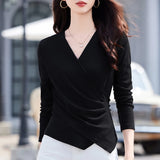 European gray long sleeved T-shirt for women's autumn new high-end fashion plus size irregular V-neck casual top