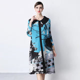 Miyake Pleated Drape Dress Women 2024 Spring Summer Colorblock Printing Lapel 3/4 Sleeve Single-breasted Fashion Shirt Dresses