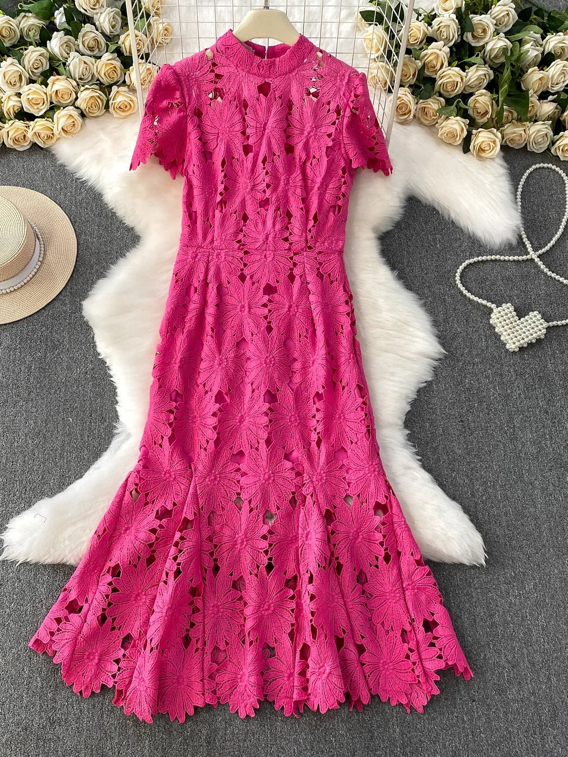 Ele Hollow out Lace Stand Collar Dr Women's Summer Faionable Fi Tail Gown Svel High Waist A-Line Skirt
