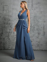 Mgiacy Shoulder deep V-neck silver sequin belt pleated chiffon slit skirt Evening gown Ball dress Party dress Bridesmaid dress