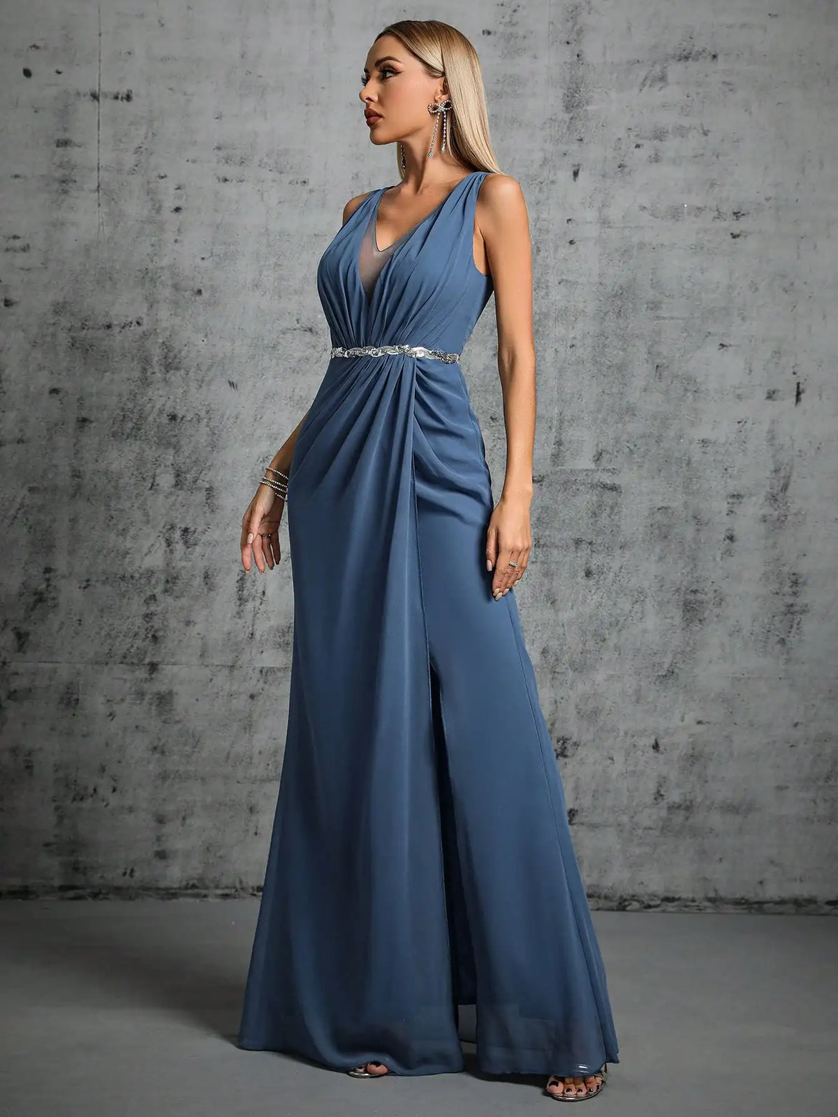 Mgiacy Shoulder deep V-neck silver sequin belt pleated chiffon slit skirt Evening gown Ball dress Party dress Bridesmaid dress