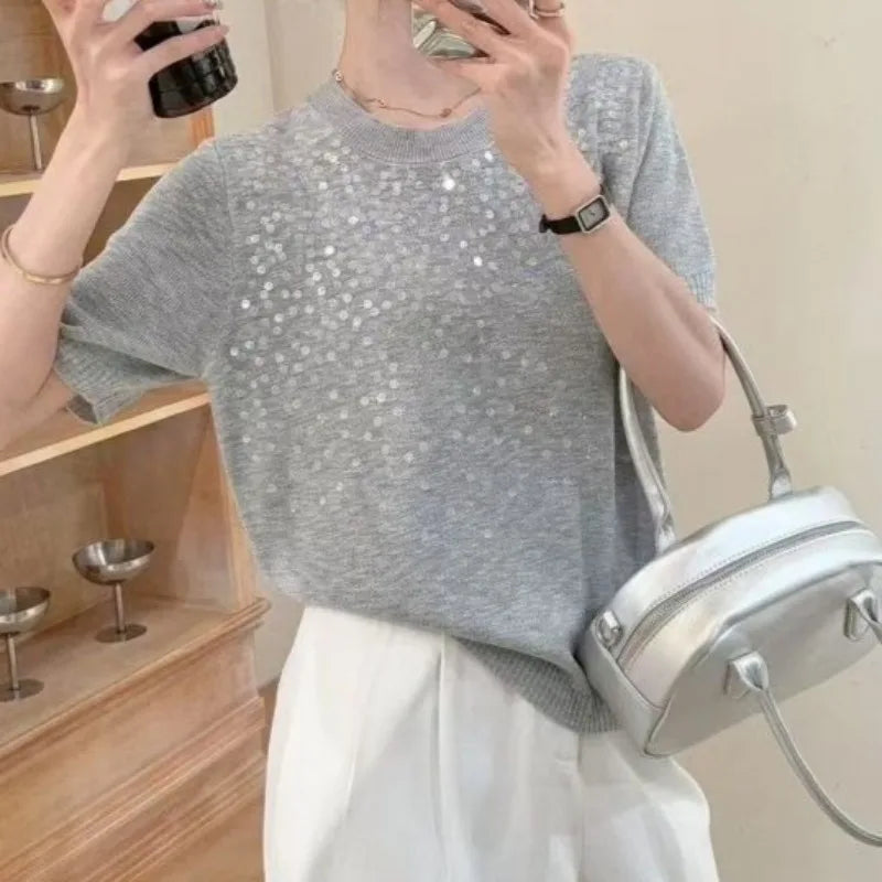 OCEANLOVE Knitted T-shirts Solid Sequins Thin Spring Summer Elegant T Shirt for Women Korean Fashion Loose Sweet Ropa De Mujer