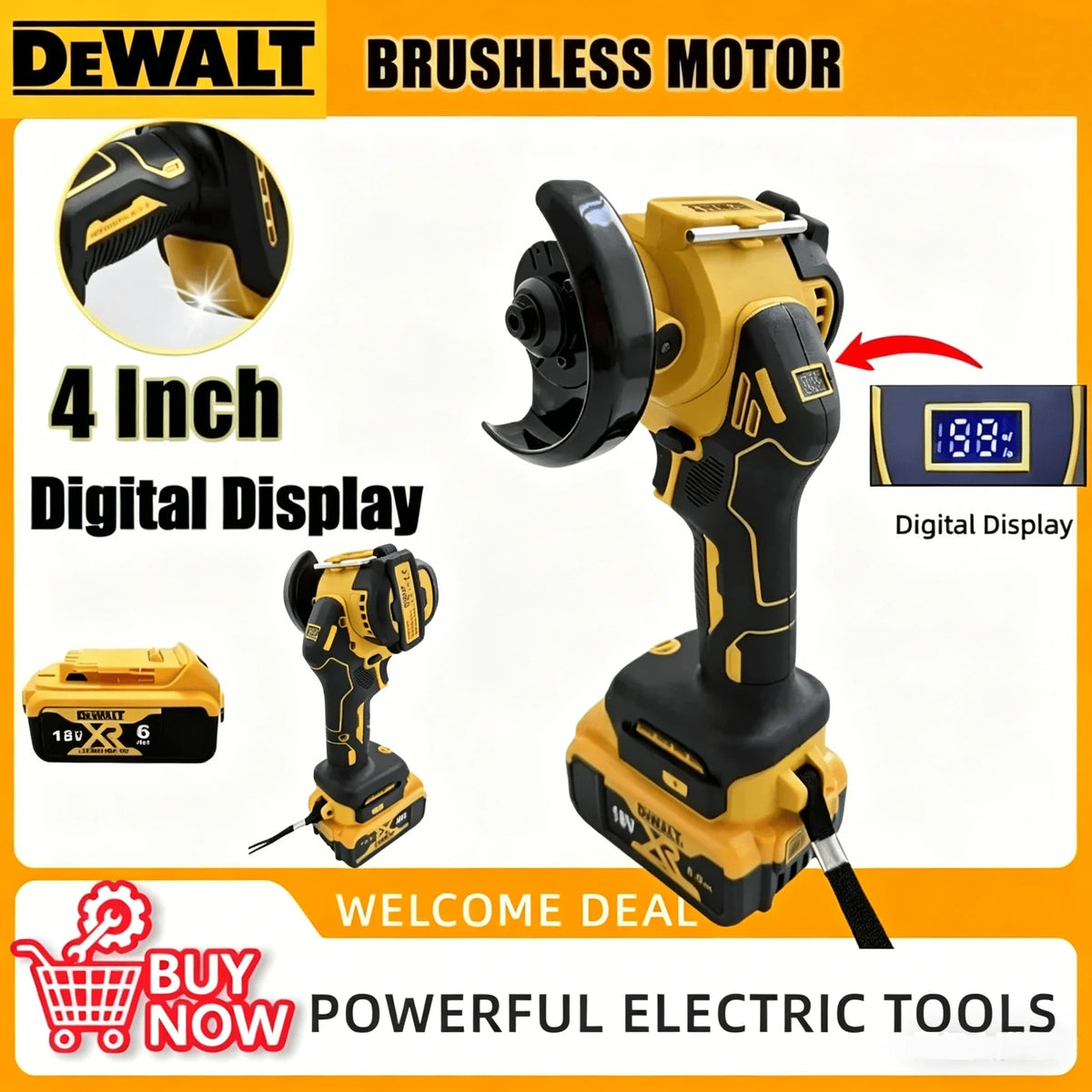 DeWALT 18V/20V Cordless Angle Grinder, 4 Inch Brushless with Digital Display, Electric Cutting Polishing Grinding Tools