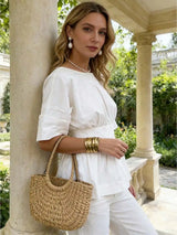 Womens Summer Peplum Top Casual Solid Color Backless Loose Hem Bow Crew Neck Elbow Sleeve Blouse