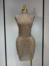 Women Luxury Gold Rhinestone Sexy Mesh Short Dress Sparkly Stage Costume Elegant Party Birthday Dresses Nightclub Singer Outf