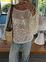 Sexy Solid Glitter Sequined Loose Short Tops Women See Through O Neck Long Sleeve Hollow Out Blouses 2026 Lady Beach Club Outfit