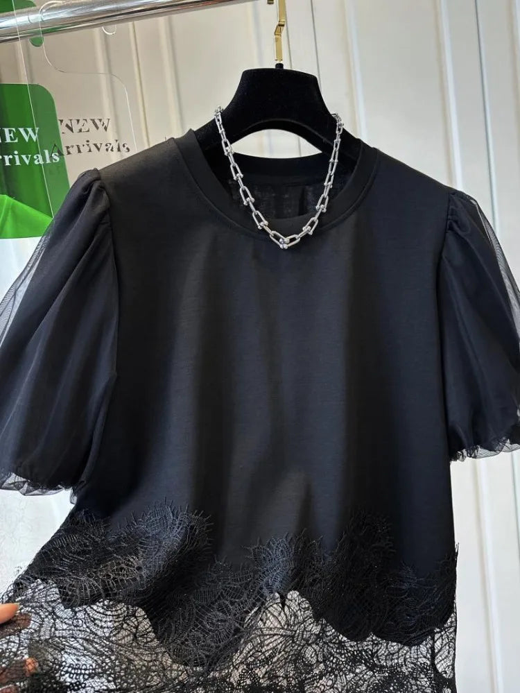 White Woman T Shirts Fashion Irregular Tees Oversized Tops O-neck Short Sleeve Patchwork Lace T-shirt Summer Korean Camisetas