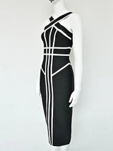 BEAUKEY Classic White And Black Stripes Bandage Long Evening Dress Luxury Contrast Vintage Woman Bodycon Elastic Dress Slim Midi