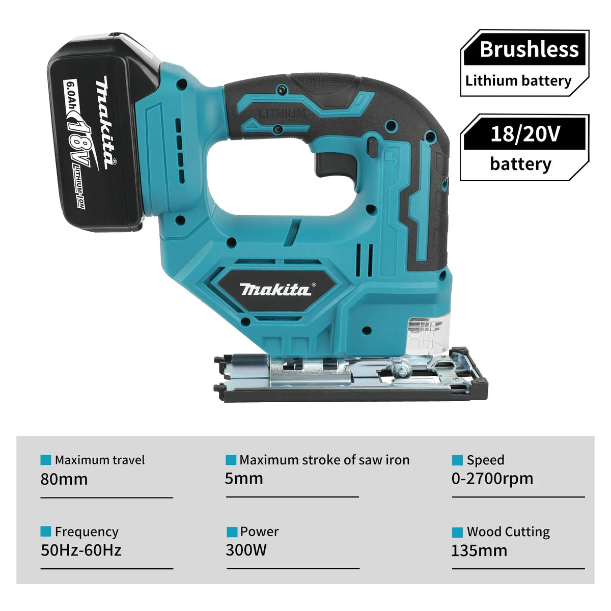 Makita DJV182 18V Cordless Jigsaw 300W 0-2700rpm 80mm Stroke ±45° Bevel Cut Power Tool for Wood Plastic Metal Cutting