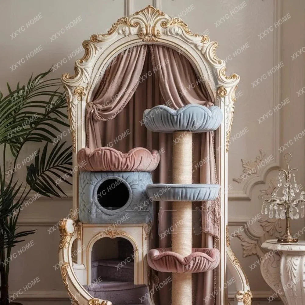 AASolid Wood Carving Flower Painted Gold Cat Cage Villa Luxury Kitten Mansion