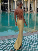 VC 2026 Sexy Backless Satin Maxi Dress For Women Spaghetti Strap Crystal Back Evening Dress Elegant Bodycon Party Slim Fit Dress
