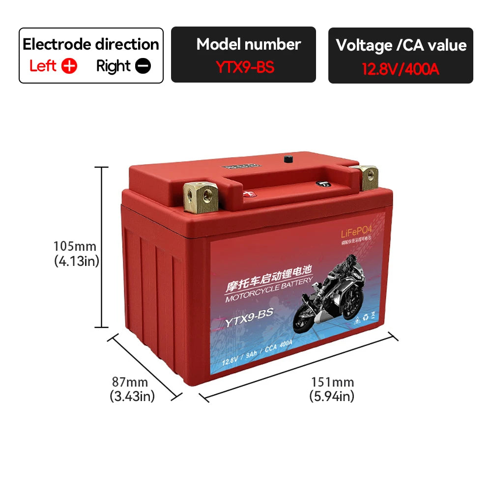 Motorcycle Battery LiFePO4 Scooter Starter 12.8V 5Ah 7Ah 9Ah CCA 200A-400A Built in BMS Lithium Battery Voltage Protection ATV
