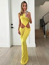 Sexy Green Hollow-out Maxi Dress Women Fashion Sleeveless Backless Pleated Slim Female Dresses Summer Party Evening Robe 2026