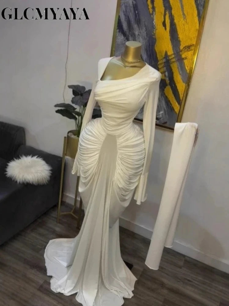CM.YAYA Women Skew Neck Flare Long Sleeve Ruched Stacked Maxi Long Dress Fall Birthday Evening Sexy Party Dresses with Scarf