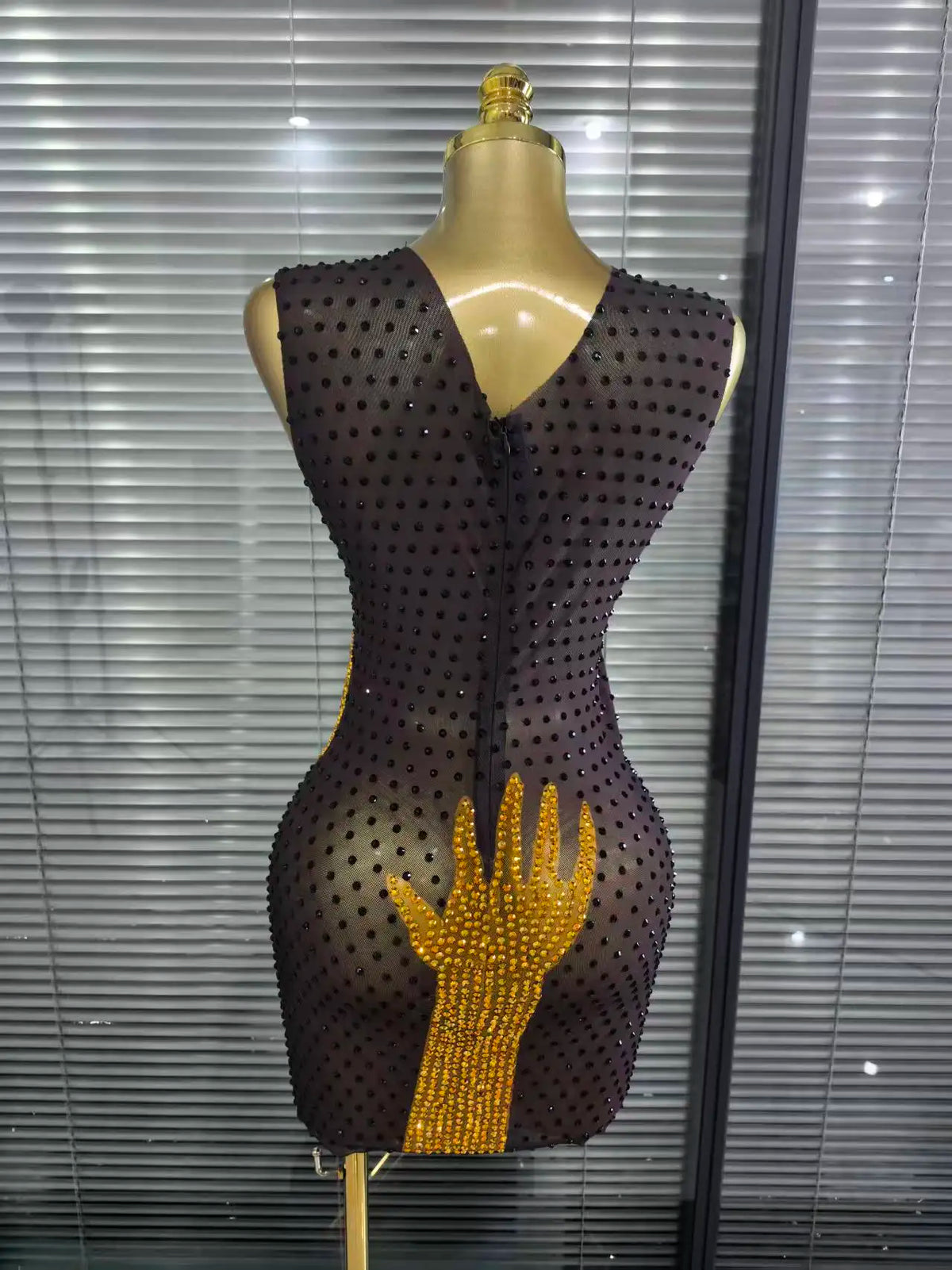 Khaki Black Women Sleeveless Sexy O-Neck Mesh See Through Bodycon Mini Dress Shining Rhinestones Celebrate Nightclub Party Wear