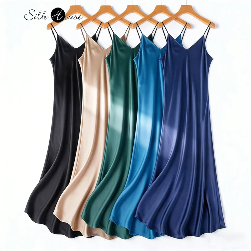2026 Women's Fashion New 21MM 100% Natural Mulberry Silk Plain Satin Extended French Sexy Adjustable Shoulder Strap Solid Dress