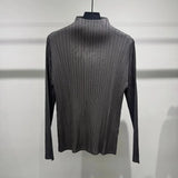 Miyake Pleated Half-High Collar Long Sleeve T-Shirt 2026 New Simple Casual Fashion Base Shirt Stretchy Women's Lightweight Top